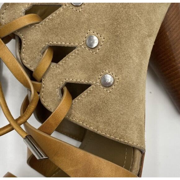 TOD'S Tan Cutout Leather Paneled Two Toned Suede Cone Heeled Sandals Sz 39/US 8 - Picture 7 of 13